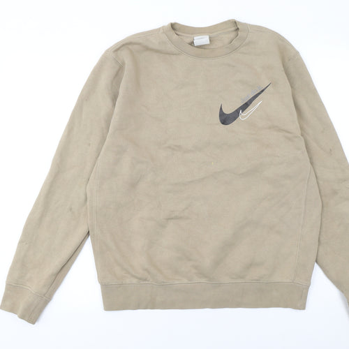 Nike Womens Beige Small Pullover Sweatshirt Cotton Blend Logo Crew Neck