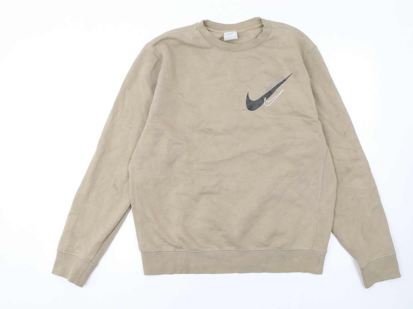 Nike Womens Beige Small Pullover Sweatshirt Cotton Blend Logo Crew Neck