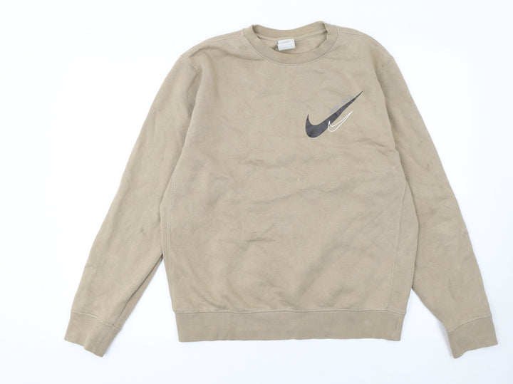 Nike Womens Beige Small Pullover Sweatshirt Cotton Blend Logo Crew Neck