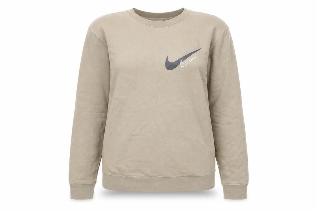 Front view of Nike women’s beige small pullover sweatshirt cotton blend logo crew neck