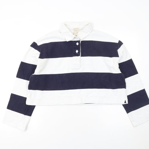 H&M Women's Blue Striped Cropped Polo Top Size S