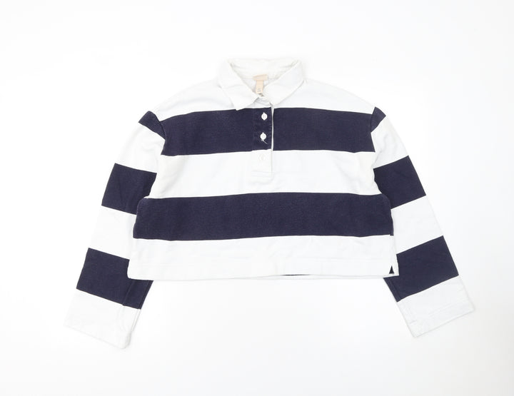 H&M Women's Blue Striped Cropped Polo Top Size S