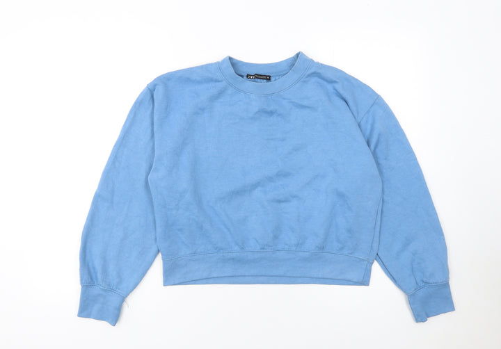 ZARA Womens Blue Cotton Blend Crew Neck Pullover Sweatshirt M