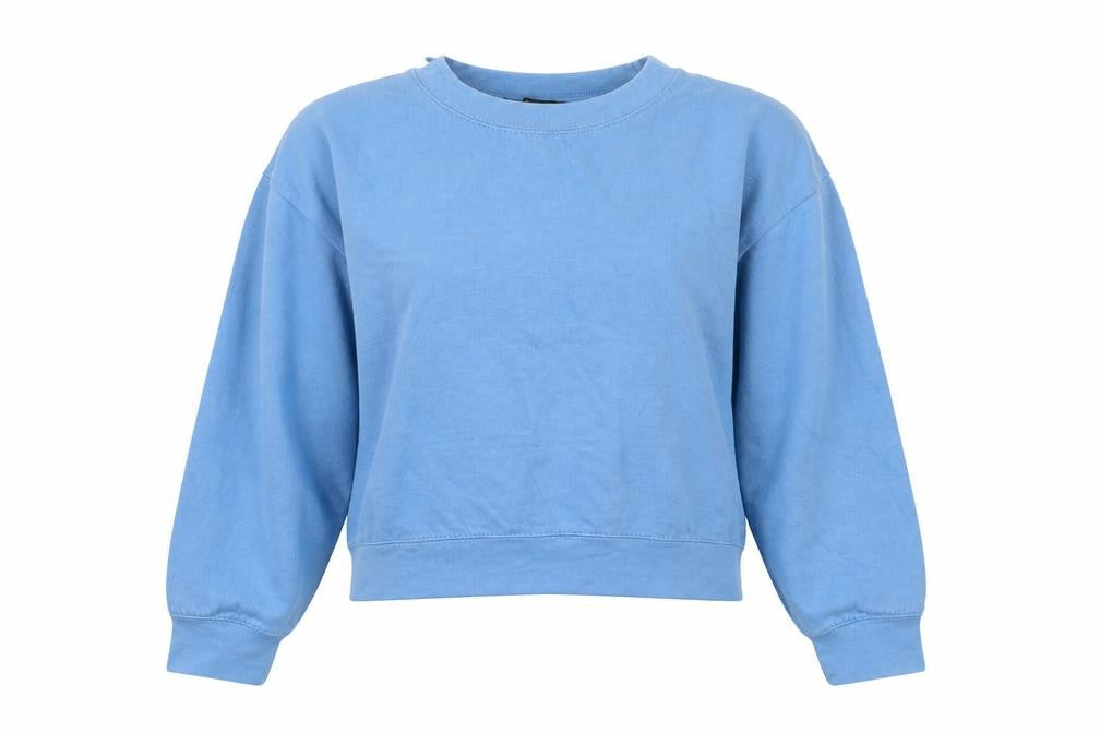 Front view of Zara women’s blue cotton blend crew neck pullover sweatshirt m