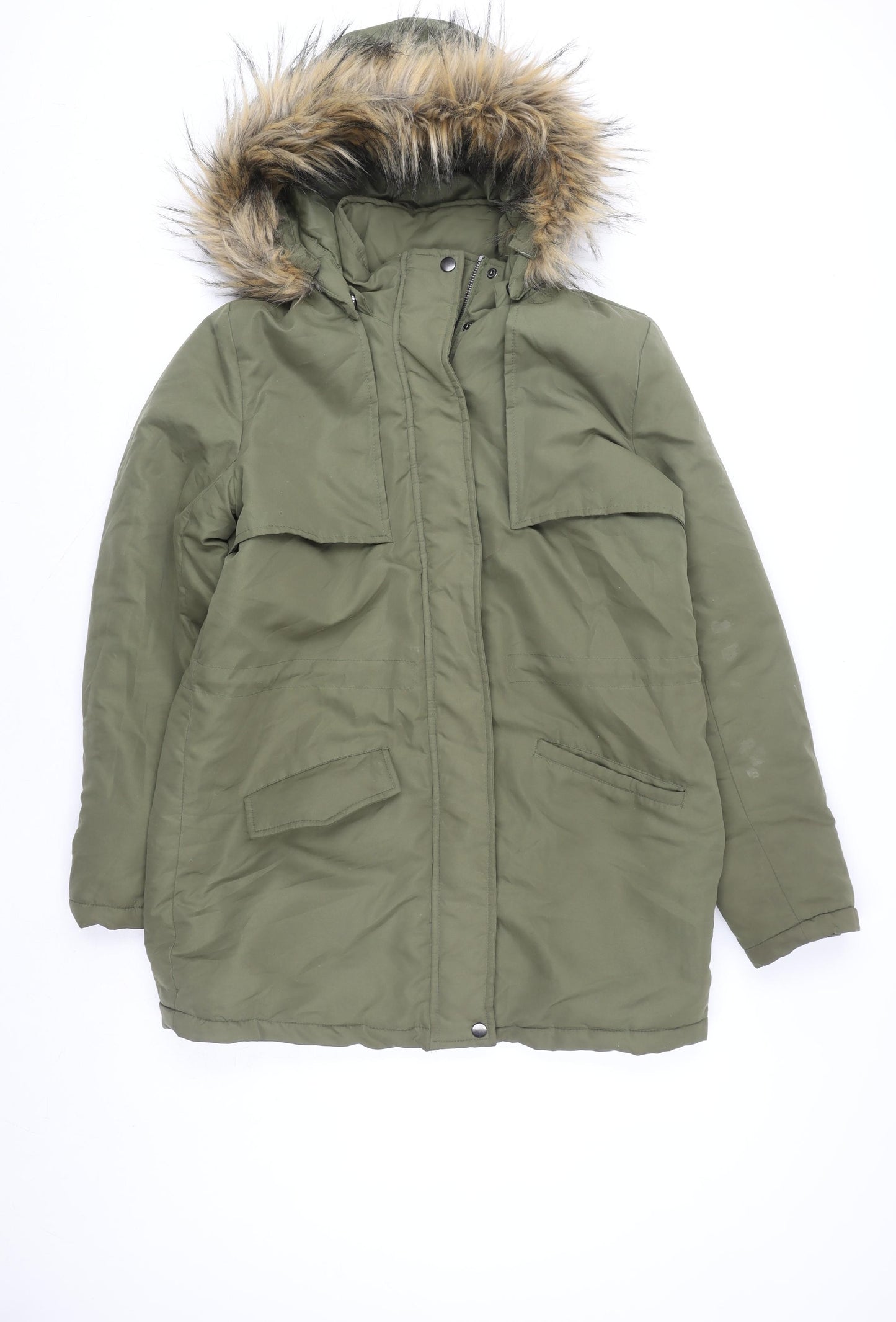Vila Womens Green Faux Fur Trim Hooded Parka Jacket Size M