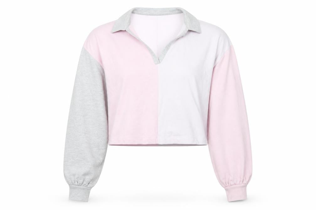 Front view of Wednesday's Girl Women Pink Grey Colourblock Pullover Sweatshirt M
