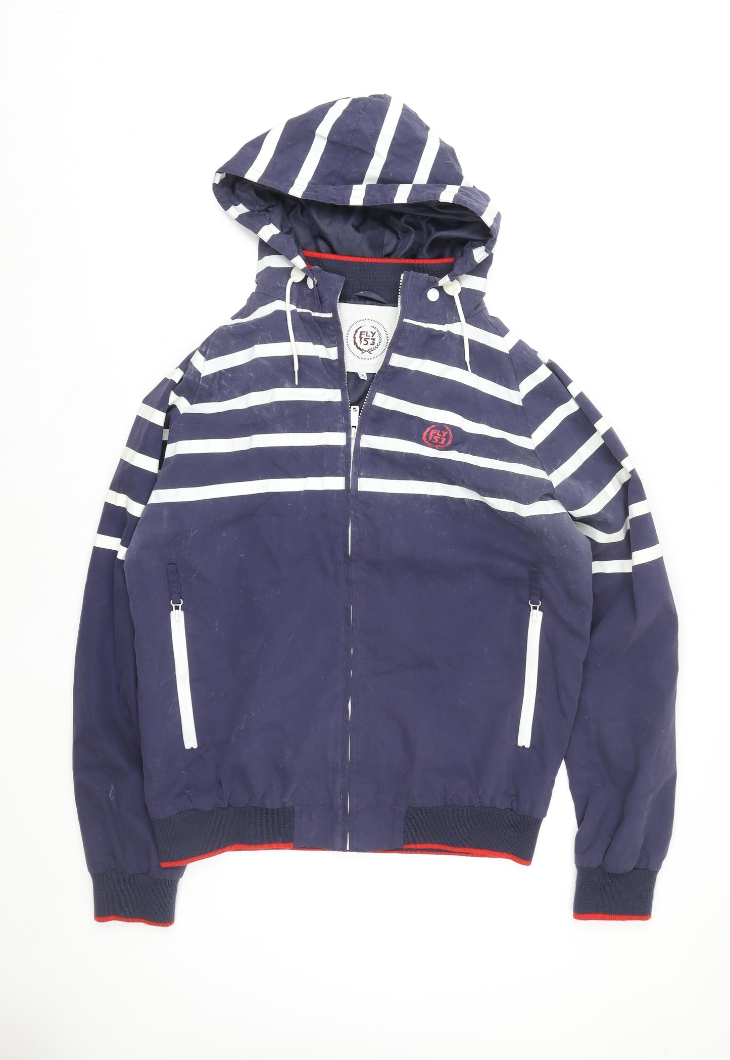 Fly 53 Unisex Blue Striped Hooded Bomber Jacket L
