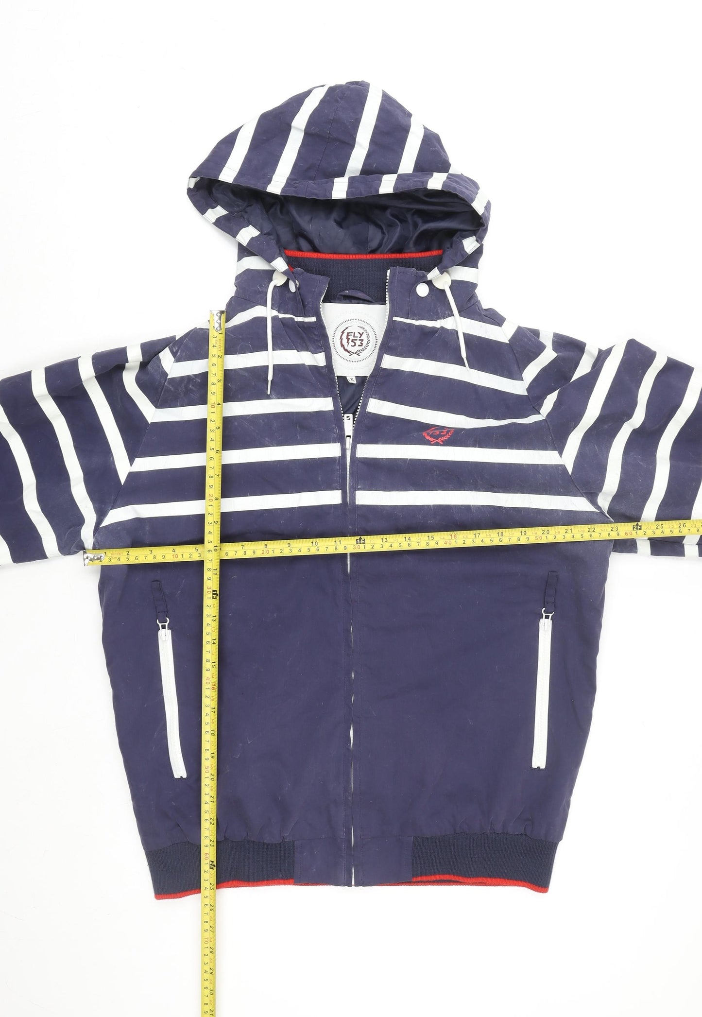 Fly 53 Unisex Blue Striped Hooded Bomber Jacket L