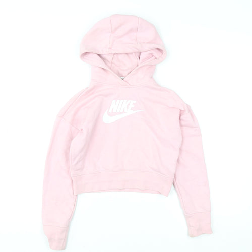 Nike Girls Pink Pullover Hoodie Small Logo Lightweight Fleece Sweatshirt