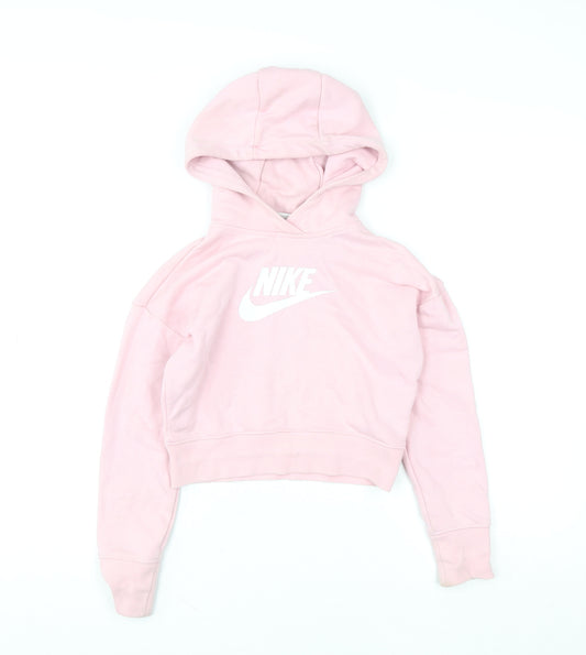 Nike Girls Pink Pullover Hoodie Small Logo Lightweight Fleece Sweatshirt