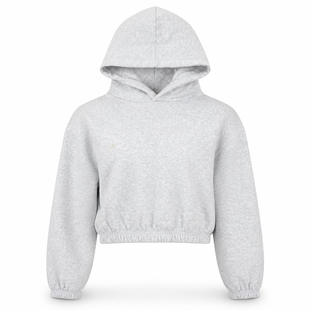 Front view of Zara women’s grey cropped pullover hoodie, size M, relaxed fit