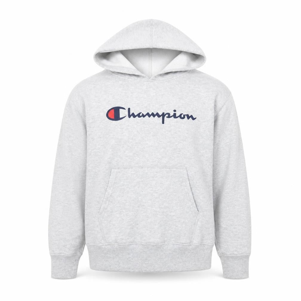 Front view of Champion Teens Grey Pullover Hoodie M Logo Fleece Sweatshirt