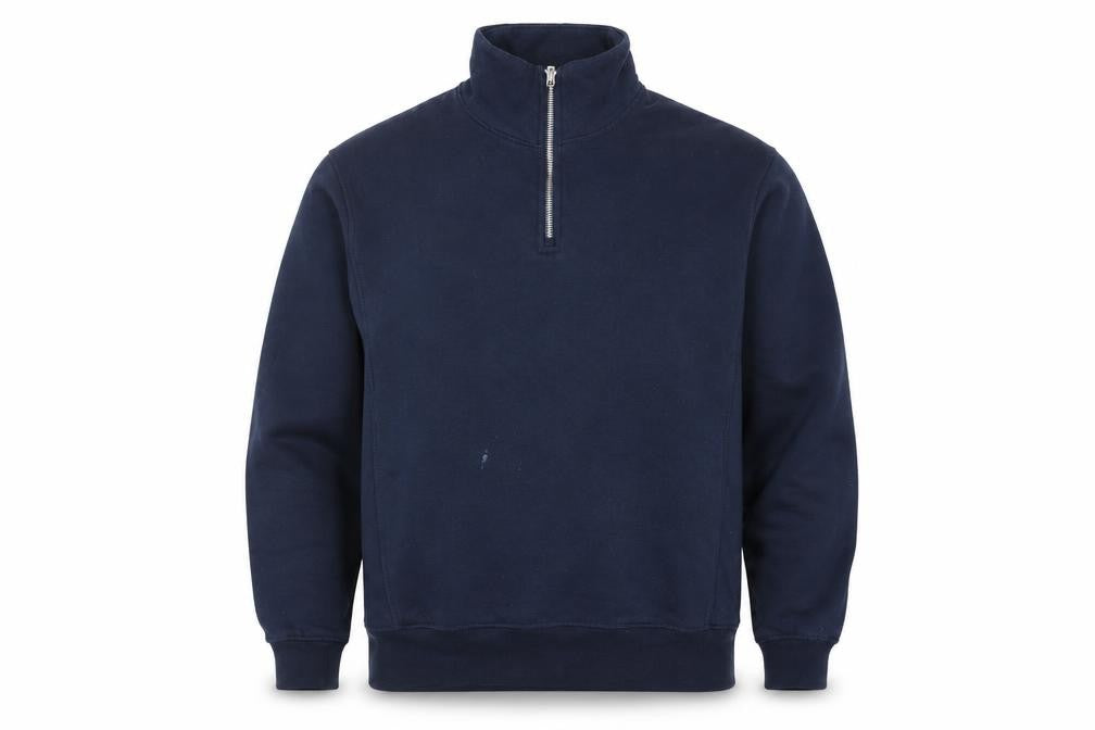 Front view of Zara men’s blue 1/2 zip fleece sweatshirt, size S, regular fit