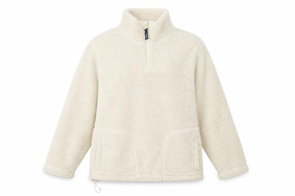Front view of Joie de Vivre women’s beige 1/2 zip fleece pullover sweatshirt, size S