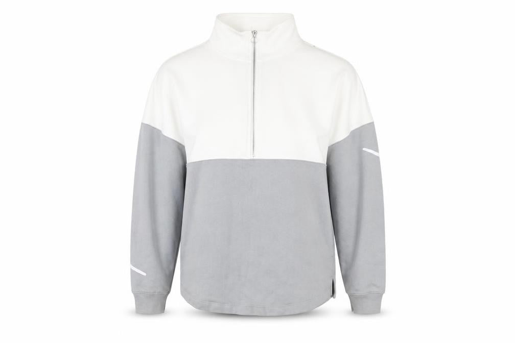 Front view of Victoria's Secret PINK women’s grey white 1/4 zip pullover sweatshirt, size M