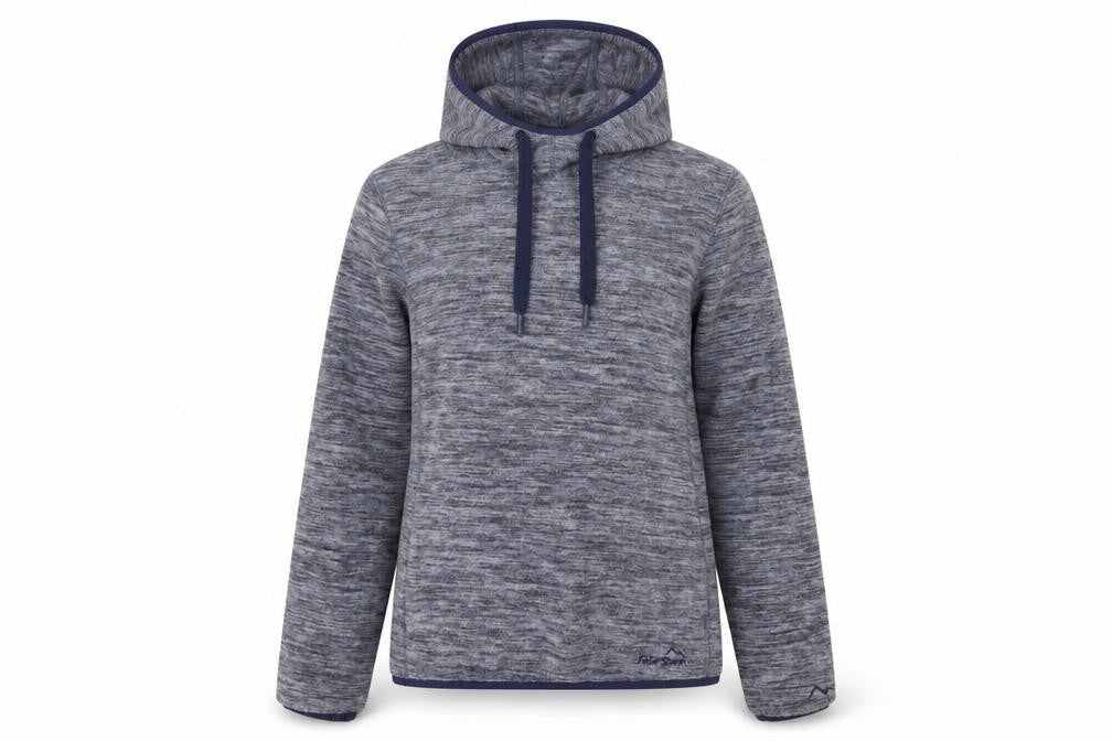 Front view of Peter Storm women’s blue pullover hoodie, size UK 8, fleece lined outdoor top