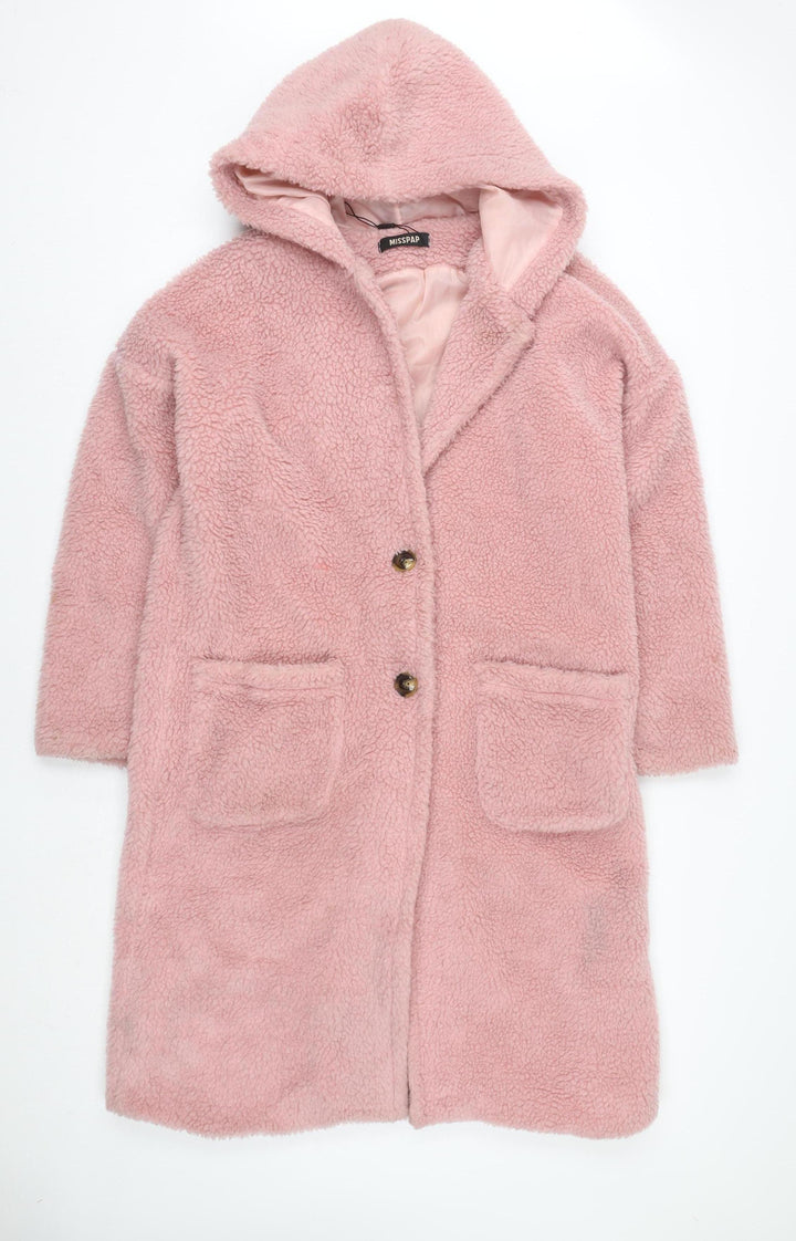 Miss Selfridge Women’s Pink Fleece Hooded Mid-Length Coat Size 8