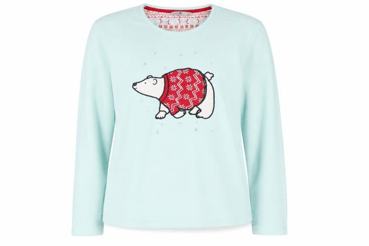Front view of Tu Women Blue Fleece Polar Bear Christmas Long Sleeve Pyjama Top, size 14