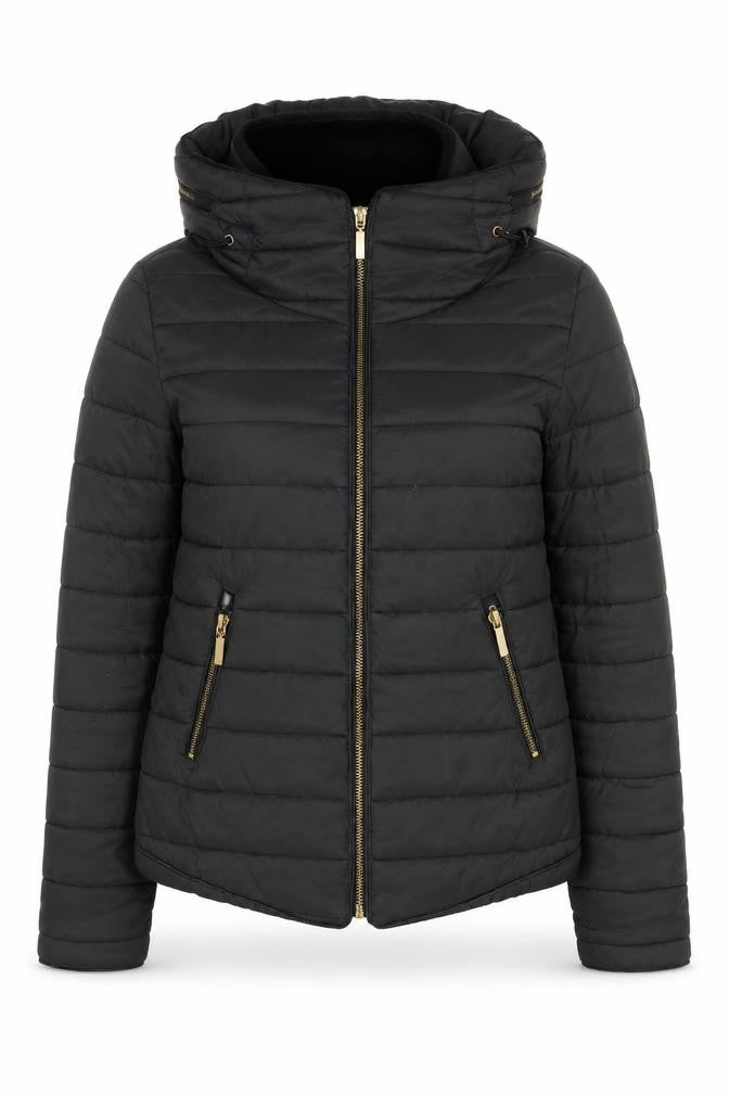 Front view of Rising women’s black s puffer jacket hooded quilted winter coat
