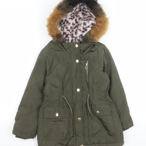 Tu Girls Green Faux Fur Hooded Parka Coat 5-6 Years Lined Winter Jacket