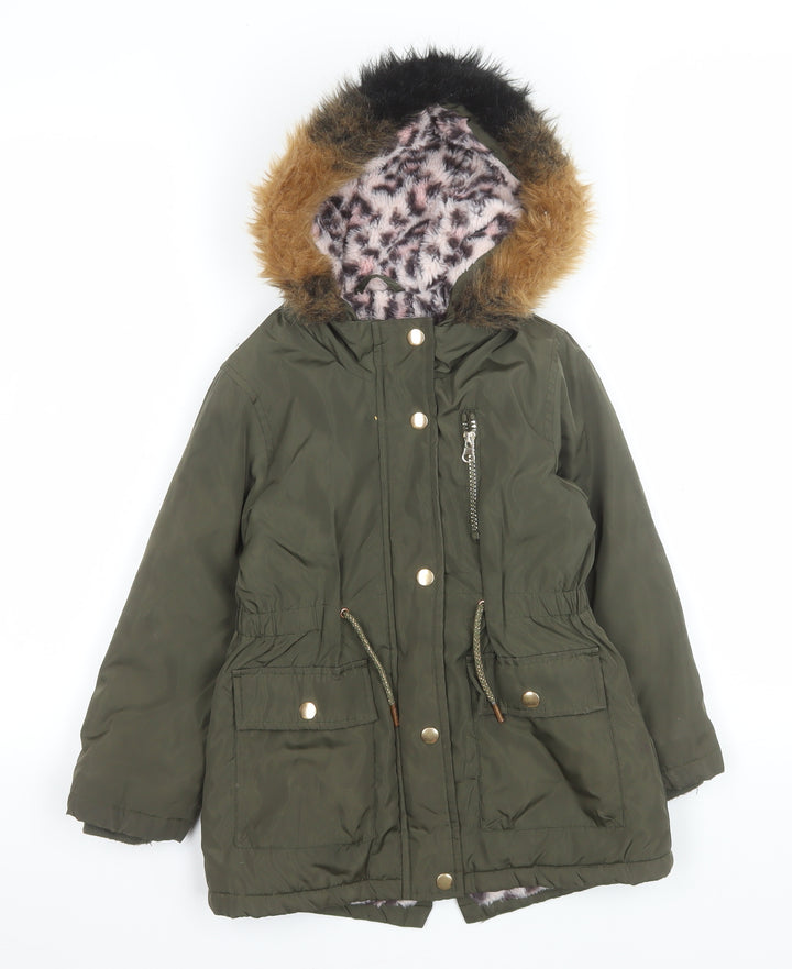 Tu Girls Green Faux Fur Hooded Parka Coat 5-6 Years Lined Winter Jacket