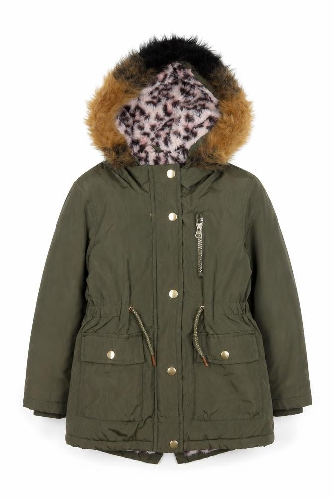 Tu Girls Green Faux Fur Hooded Parka Coat 5-6 Years Lined Winter Jacket