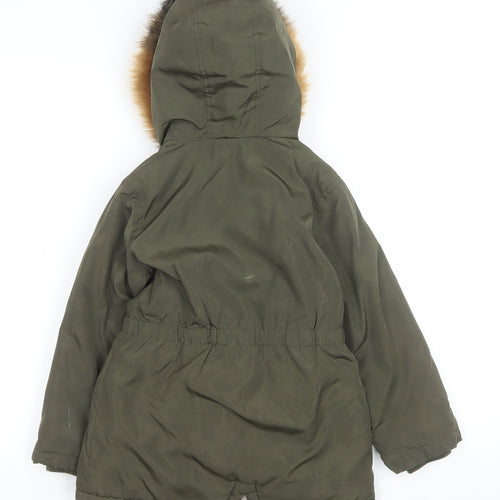 Tu Girls Green Faux Fur Hooded Parka Coat 5-6 Years Lined Winter Jacket