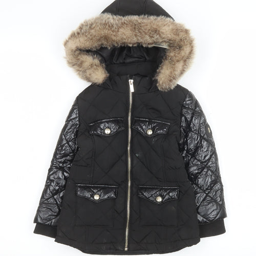 River Island Girls Black Quilted Faux Fur Hooded Puffer Jacket 3-4 Years