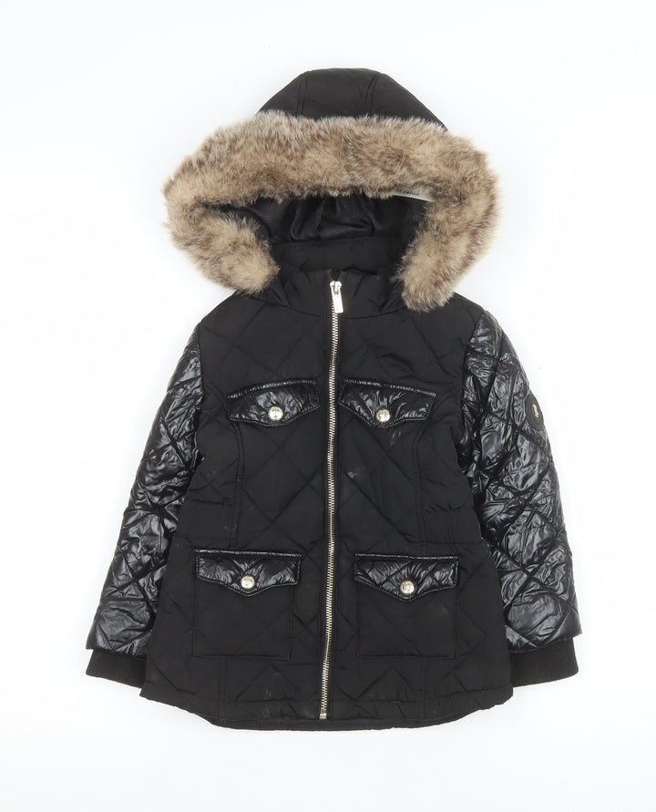 River Island Girls Black Quilted Faux Fur Hooded Puffer Jacket 3-4 Years