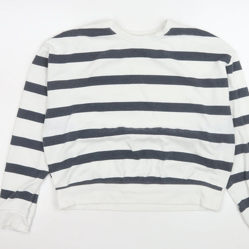 New Look Women White Navy Striped Pullover Sweatshirt Size M
