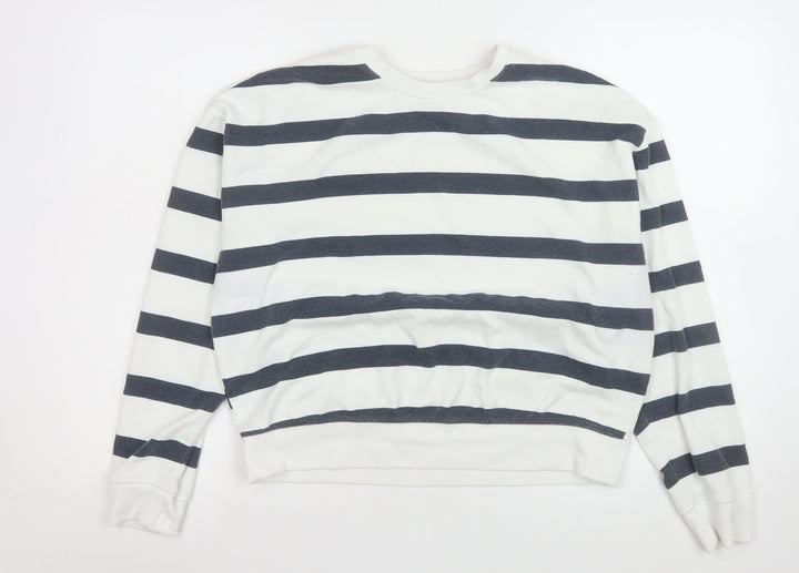 New Look Women White Navy Striped Pullover Sweatshirt Size M