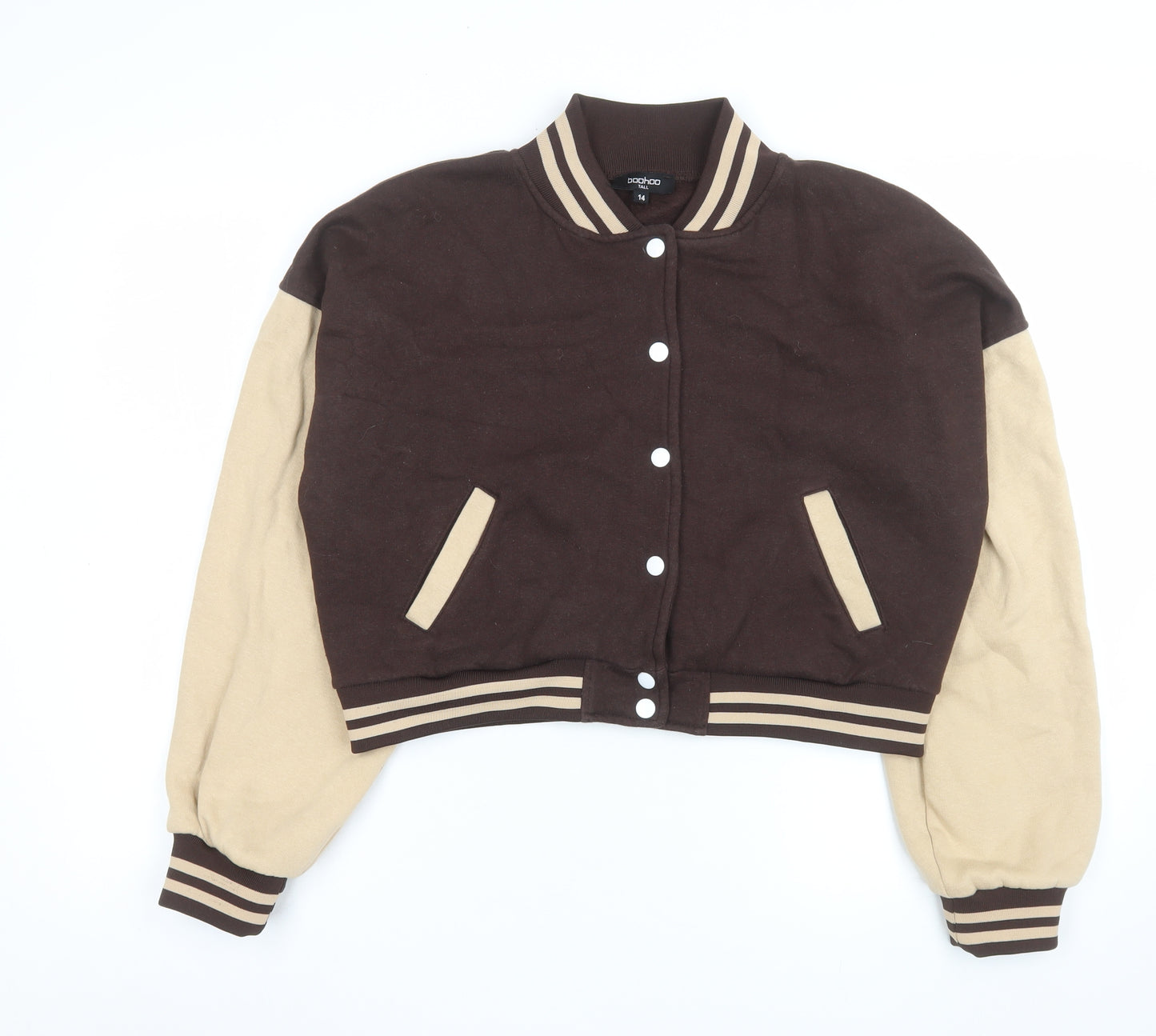 Boohoo Women’s Brown Varsity Jacket Size 14 Tall Cropped Cotton Blend