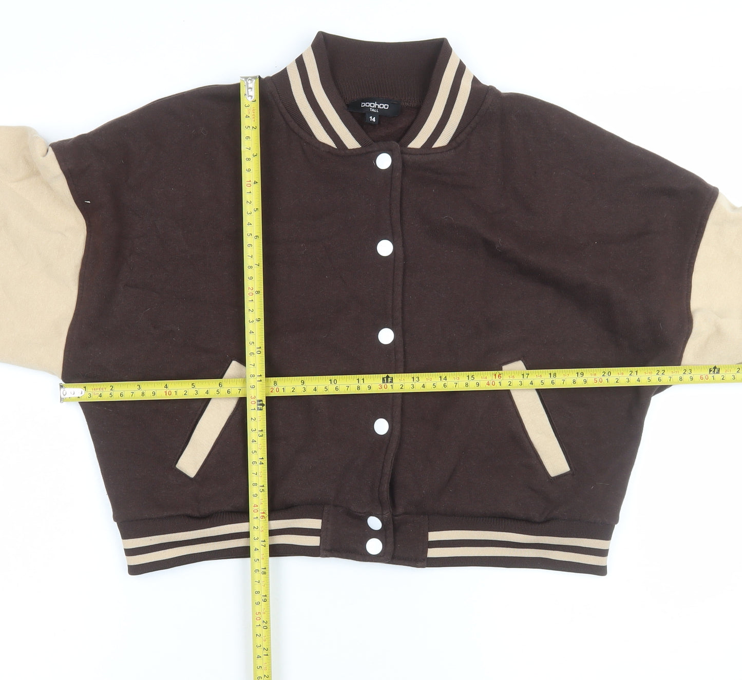 Boohoo Women’s Brown Varsity Jacket Size 14 Tall Cropped Cotton Blend