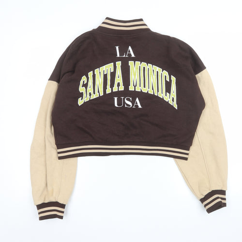 Boohoo Women’s Brown Varsity Jacket Size 14 Tall Cropped Cotton Blend