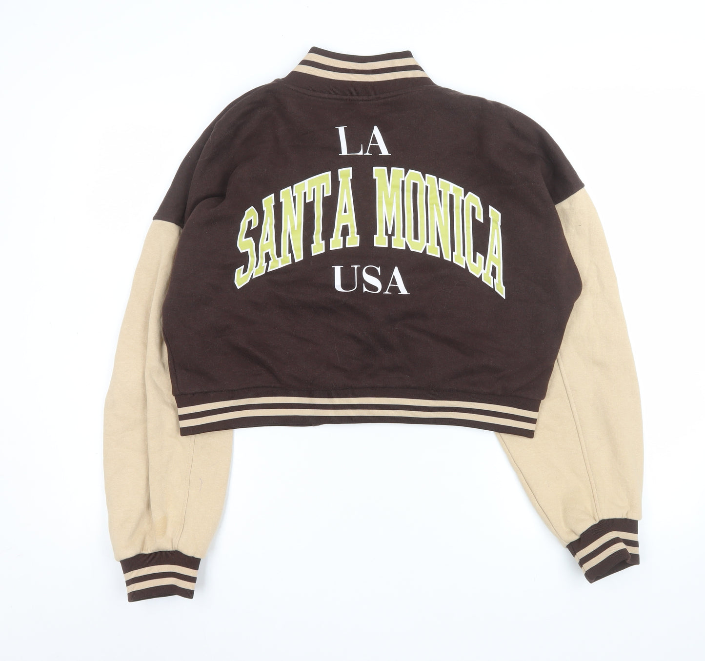 Boohoo Women’s Brown Varsity Jacket Size 14 Tall Cropped Cotton Blend