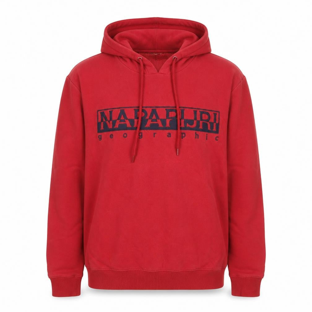 Front view of Napapijri men’s red cotton blend pullover hoodie m graphic print
