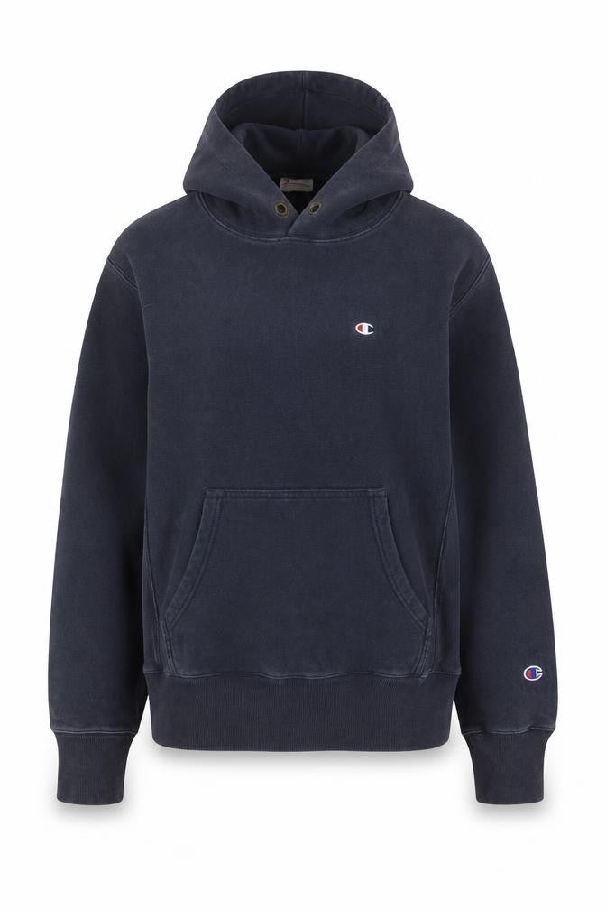 Front view of Champion women’s navy blue large reverse weave pullover hoodie