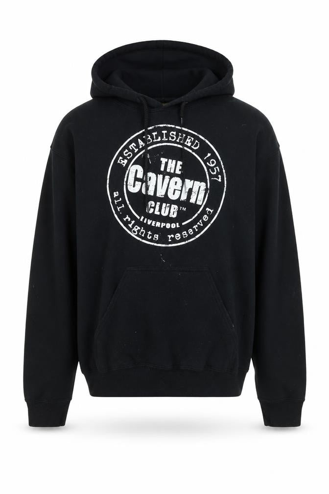 Front view of The Cavern Club Men's Black Pullover Hoodie Medium Liverpool Music Graphic
