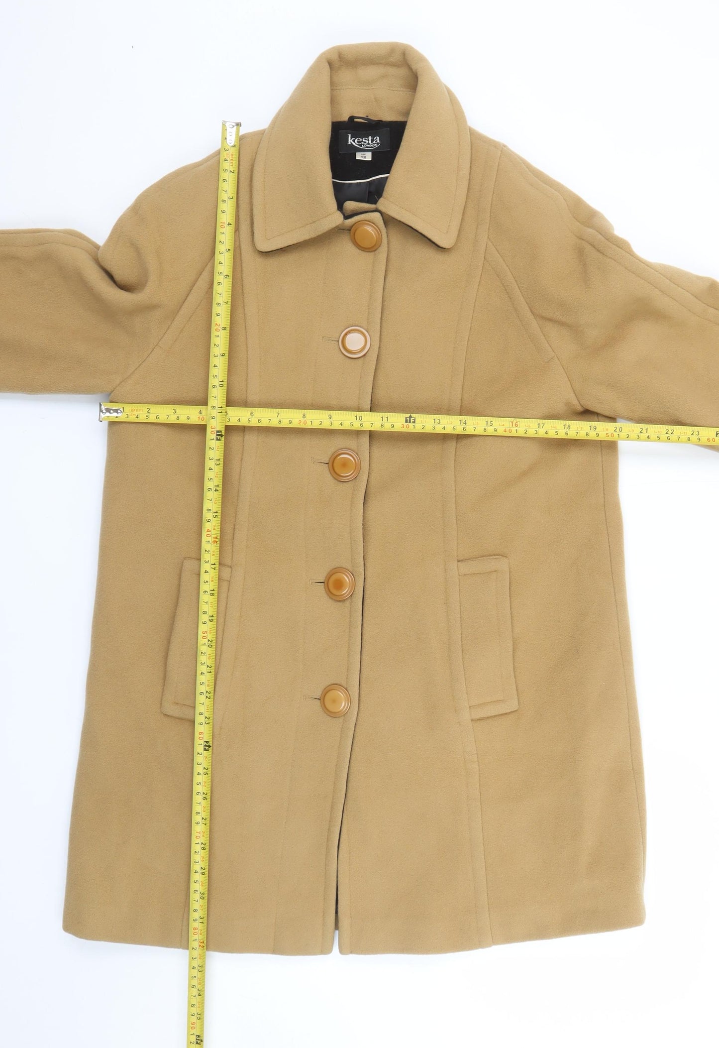 Kesta London Womens Beige Wool Cashmere Mid-Length Overcoat UK 12