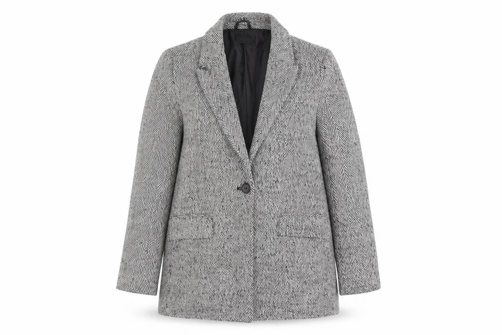 Front view of Et Vous Women's Grey Herringbone Single-Breasted Blazer, size 12, Wool Blend