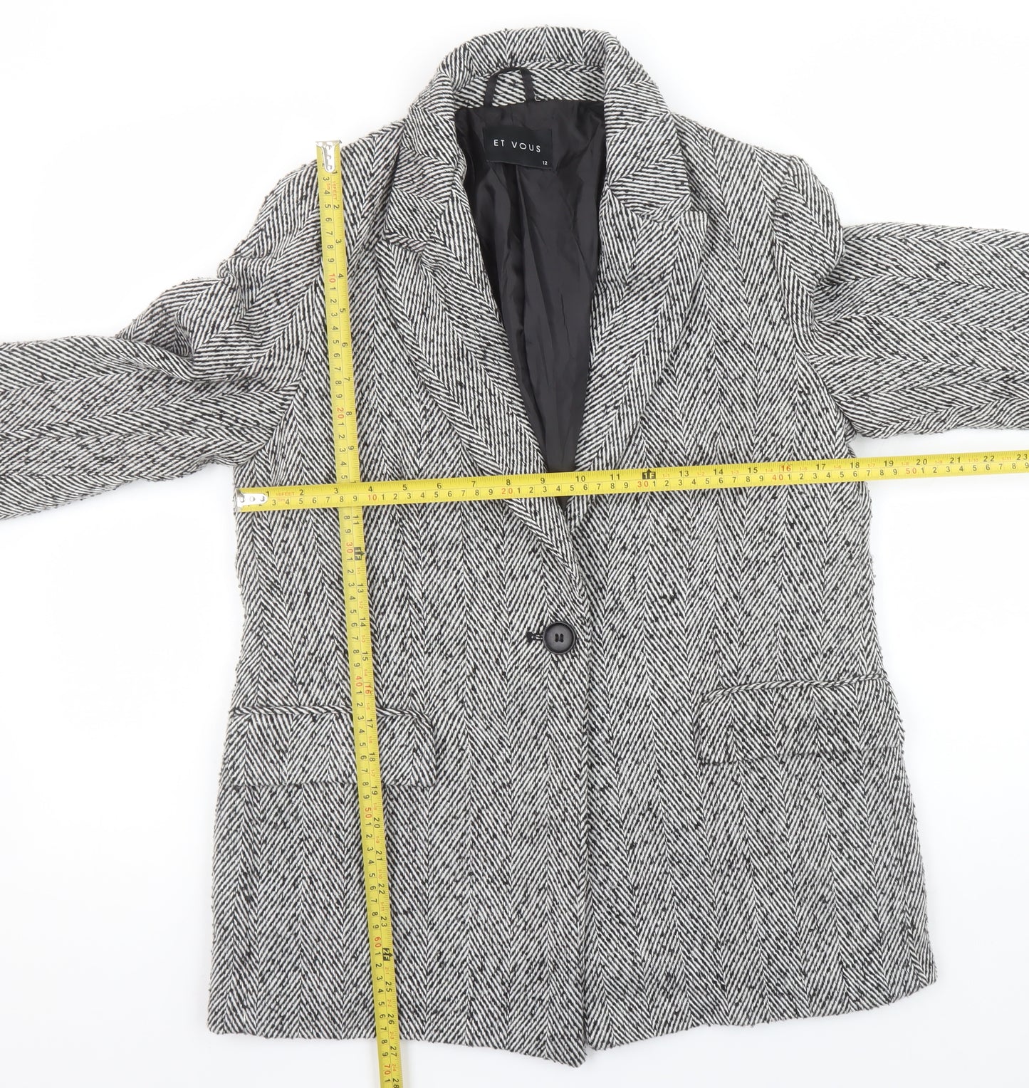 Et Vous Women's Grey Herringbone Single-Breasted Blazer Size 12 Wool Blend