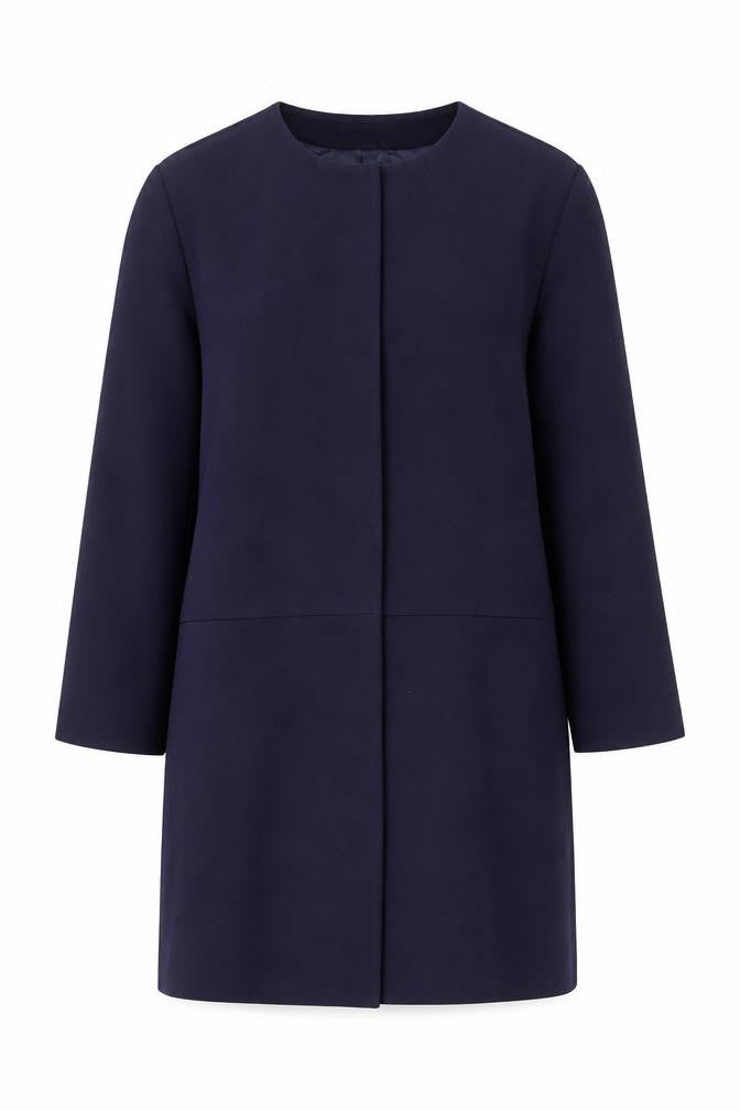 Front view of H&M women’s blue regular fit mid-length collarless coat, size UK 14