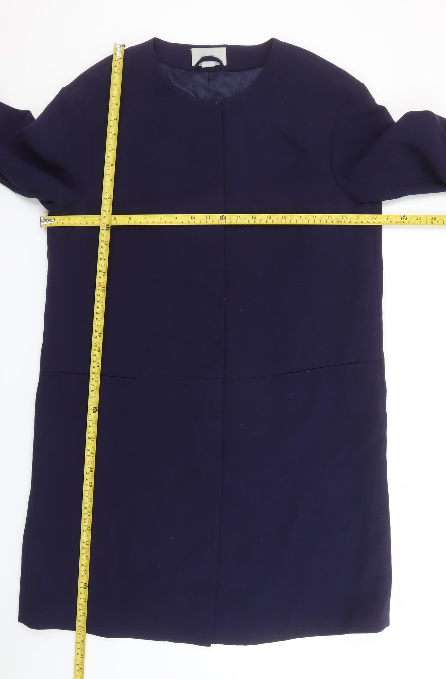 H&M Womens Blue Regular Fit Mid-Length Collarless Coat Size 14