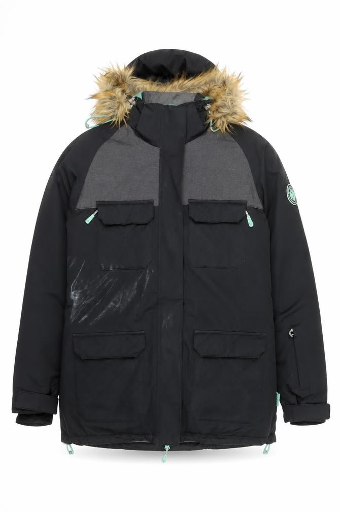Surfanic Women’s Black L Ski Jacket Hooded Fur Trim Waterproof Winter Coat