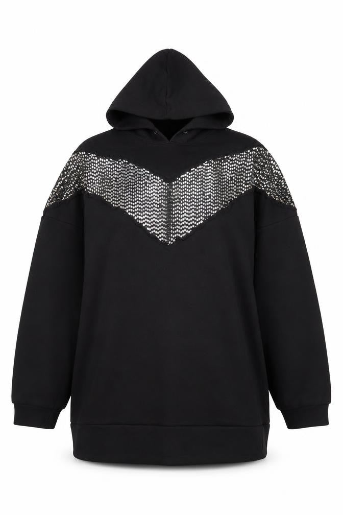 Front view of Touché Women Black Sequin Hooded Pullover Sweatshirt, size L