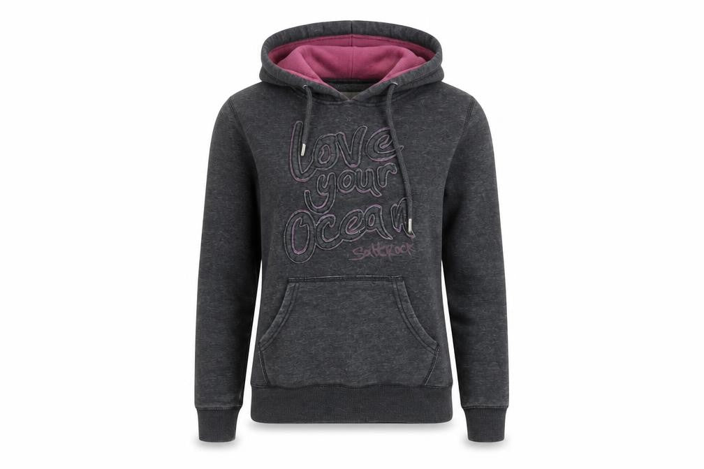 Front view of Saltrock women’s grey hoodie, size UK 8, love your ocean pullover sweatshirt