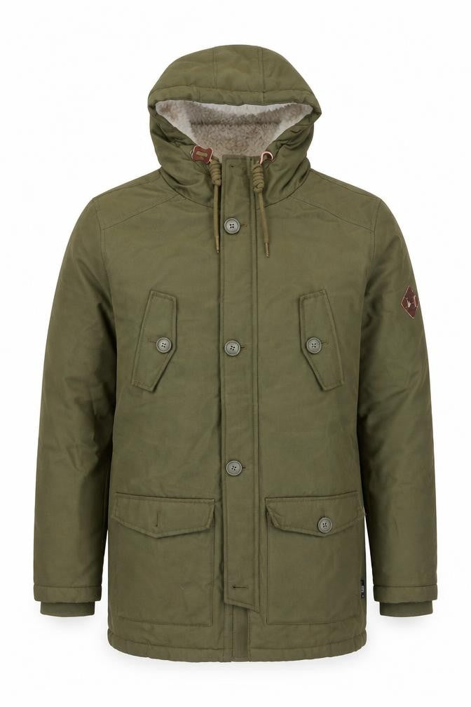 Front view of INDICODE Men's Green S Hooded Parka Jacket Winter Warm Lined Polyester