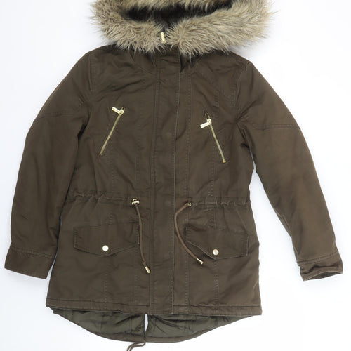 Miss Selfridge Petites Brown Faux Fur Hooded Parka Coat Size 12