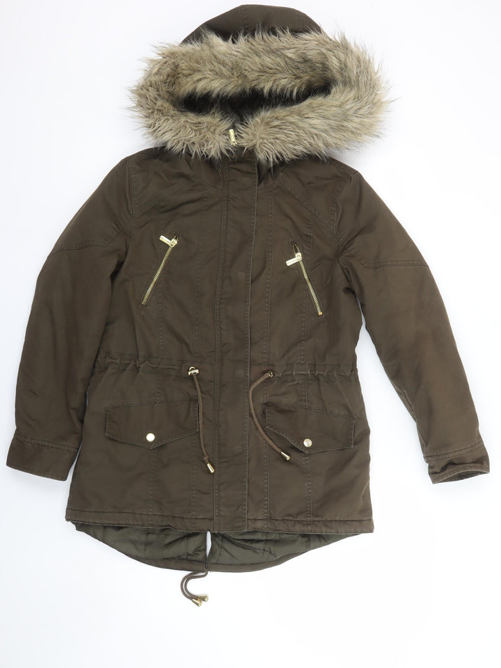 Miss Selfridge Petites Brown Faux Fur Hooded Parka Coat Size 12