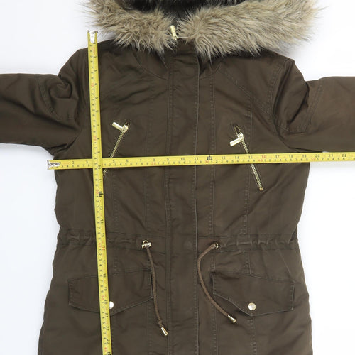 Miss Selfridge Petites Brown Faux Fur Hooded Parka Coat Size 12